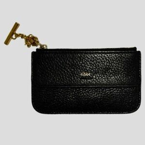 Chloé Black Leather Zip Coin Pouch w/ Gold Chain Charm